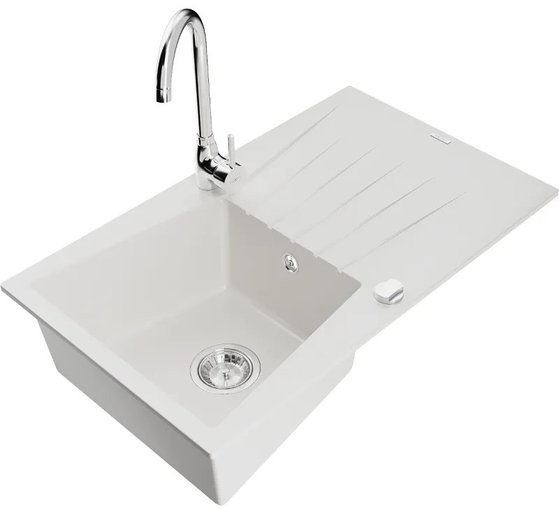 Mexen Cesar, 1-komorový granitový drez s odkvapkávačom 78x47 cm a kuchynskou batériou Telma, biela, 6514-20-670200-00