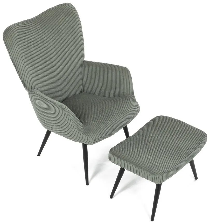 Relaxačné kreslo ušiak s taburetom ROYAL — kov, menčester, zelená