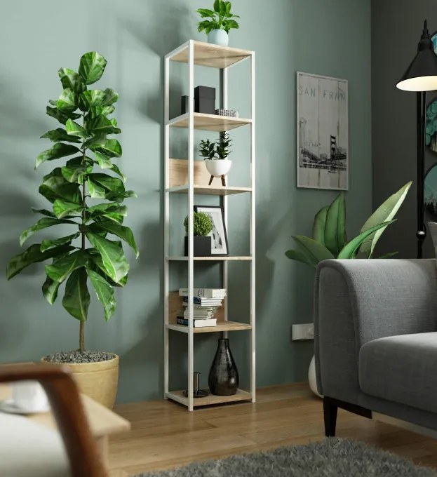 Kovový regál 40 cm, 6 políc, biely / dub sonoma