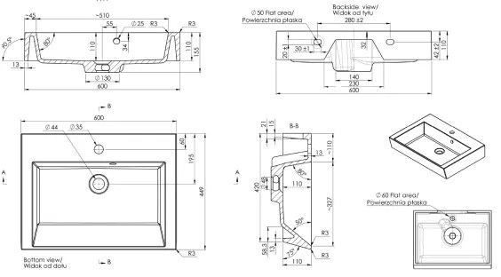 Sapho - Umývadlo na dosku ORINOKO 60x45 cm mramor/biele