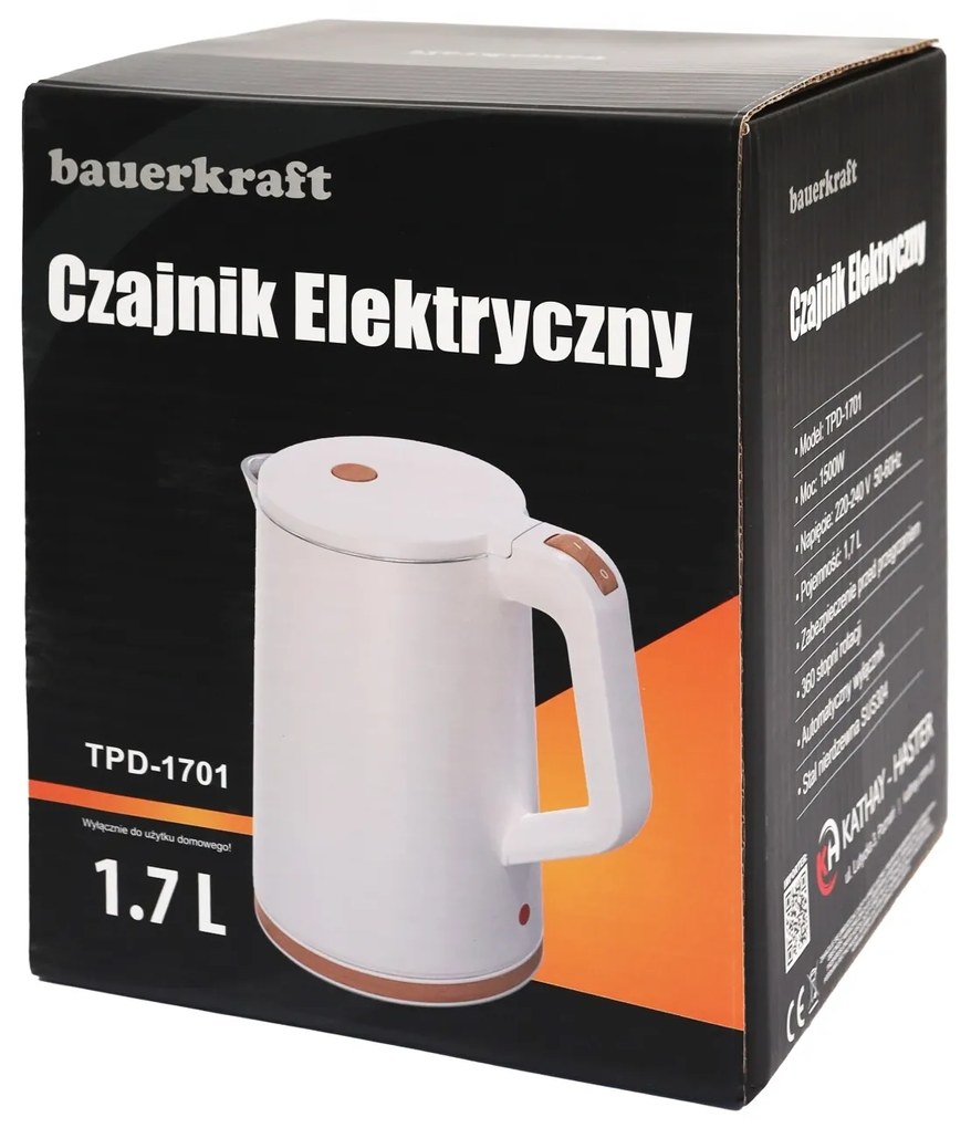 Bauerkraft Bezdrôtová cestovná rýchlovarná kanvica 1500 W 1,7 l otočná biela