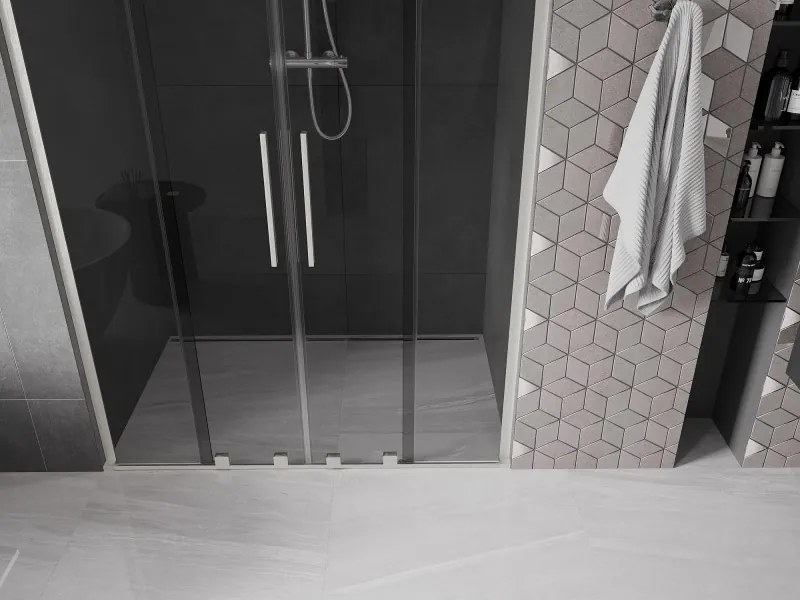 Mexen Velar L Duo, posuvné sprchové dvere do otvoru 140 cm, 8mm šedé sklo, brúsená oceľ, 871-140-003-42-97