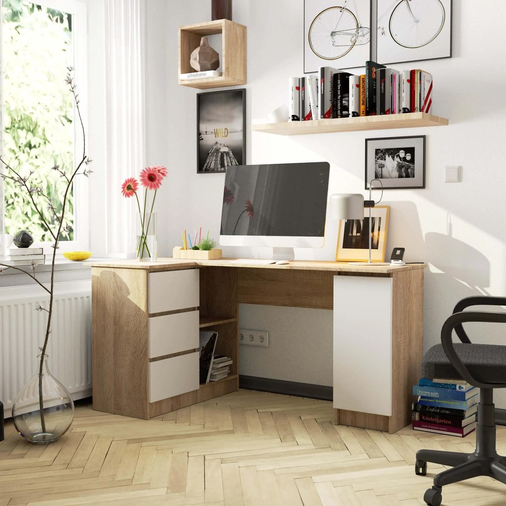 Rohový PC stolík Bevin (dub sonoma + biela) (L). Akcia -20%. Vlastná spoľahlivá doprava až k Vám domov. 1128561