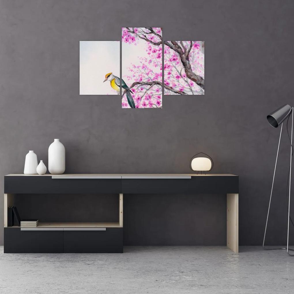 Obraz - Vtáčik na strome s ružovými kvetmi (90x60 cm)