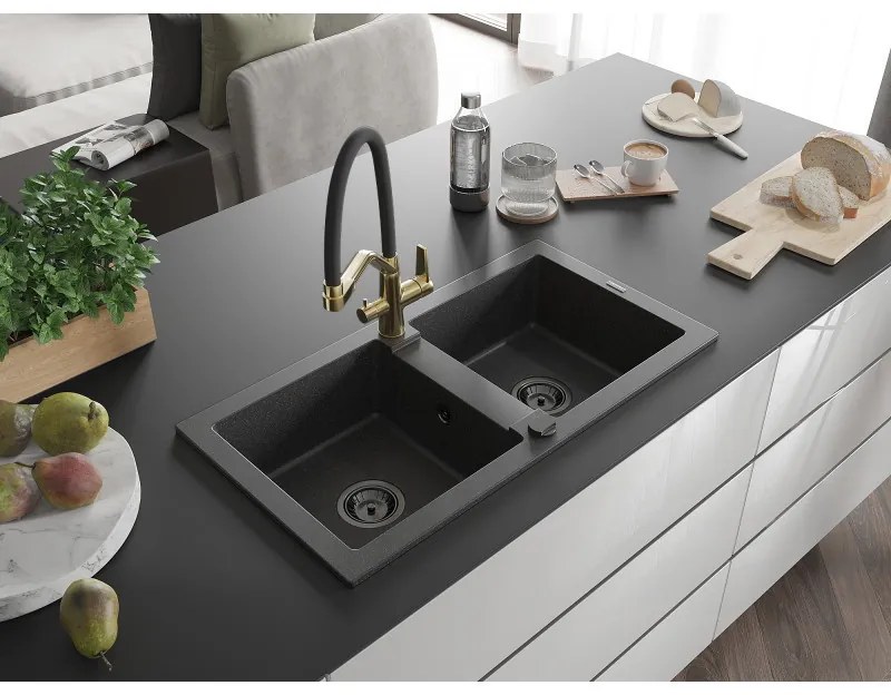 Mexen Mario, granitový drez 820x436x161 mm, 2-komorový a drezová batéria Duo, čierna škvrnitá, 6504-76-671701-57-B