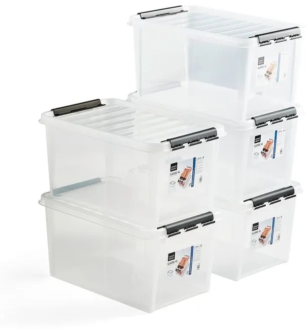 Plastový box s vekom LEE, 47 L, 5 ks, 590x390x310 mm, priehľadný