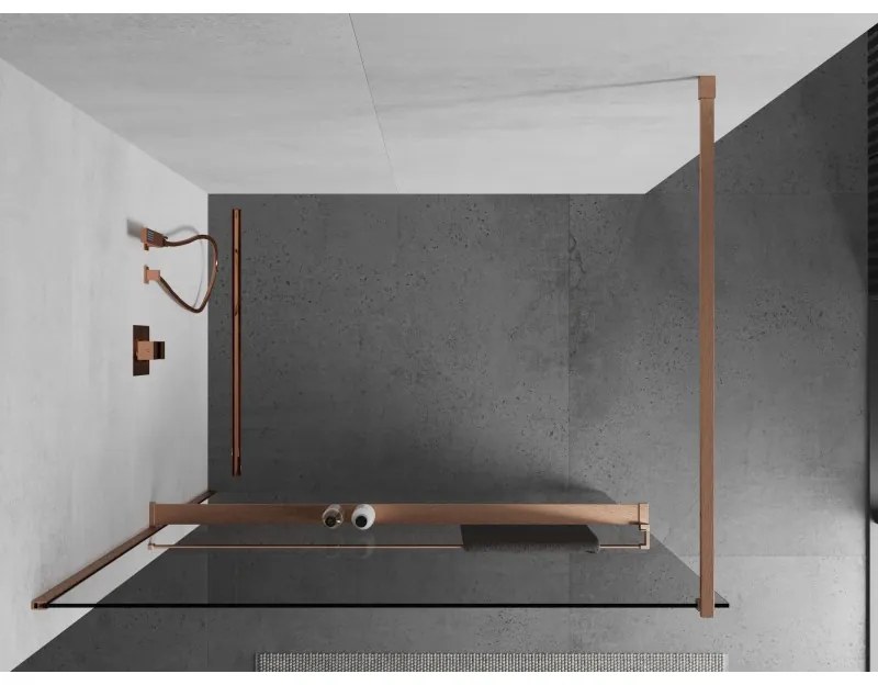 Mexen Kioto+, sprchová zástena Walk-In s poličkou a vešiakom 110 x 200 cm, 8mm číre sklo, medený matný profil, 800-110-121-65-00