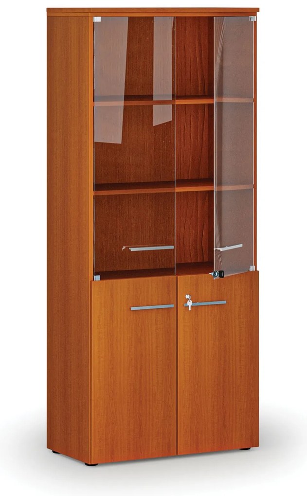 Kombinovaná kancelárska skriňa PRIMO WOOD s drevenými a sklenenými dverami, 800 x 420 x 1781 mm, čerešňa