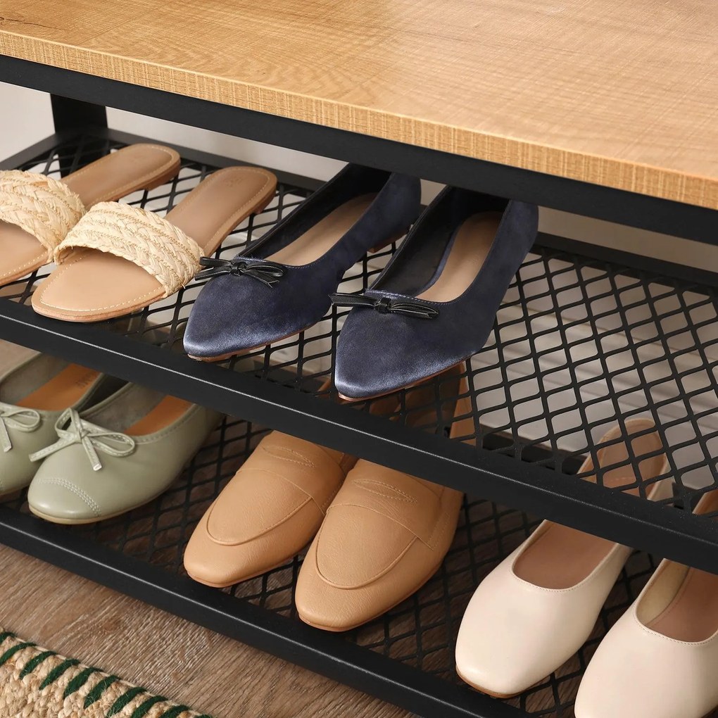 Lavička na topánky s 2 čiernymi sieťovanými policami, svetlá farba dreva