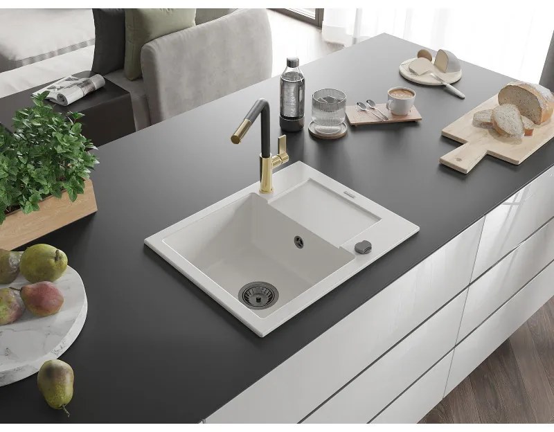 Mexen Enzo, 1-komorový granitový drez 576x465x174 mm a drezová batéria Flora, biela, 6506-20-670401-57-B
