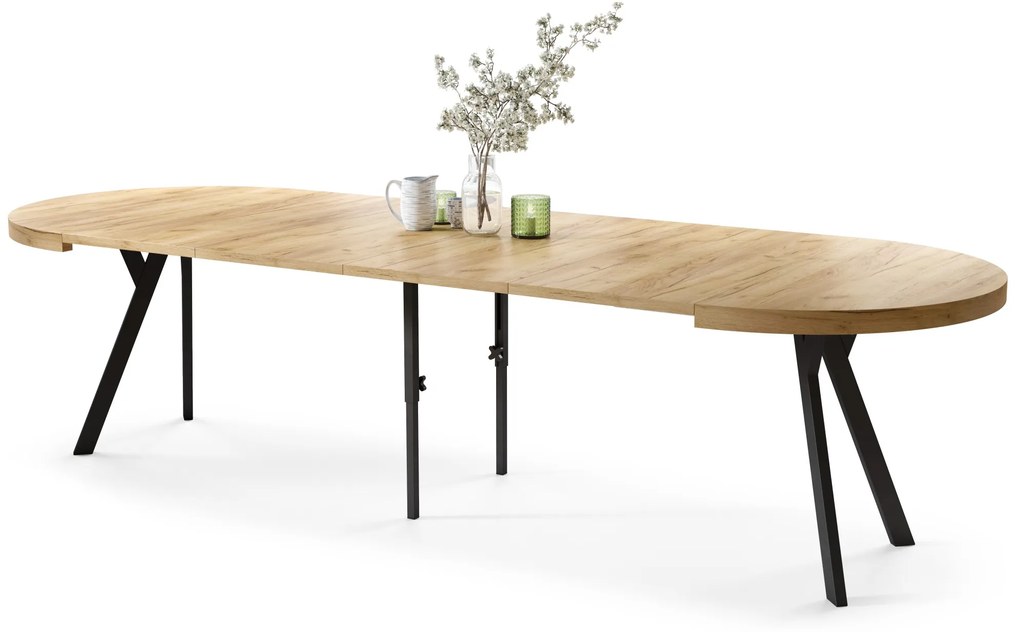 EXPANSO Dub Craft Zlatý / čierne nohy - VEĽKÝ OKRÚHLY STÔL Ø110 ROZKLADACÍ AŽ DO 310 cm S NOHAMI Y LOFTOVÝ / INDUSTRIÁLNY