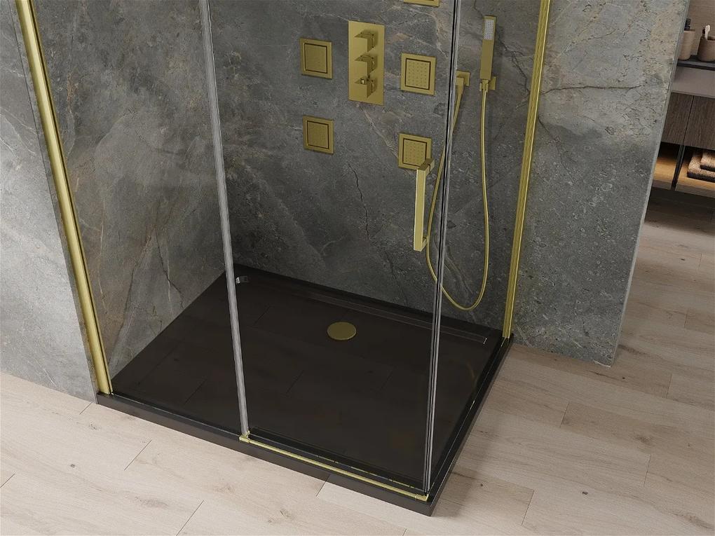 Mexen Omega, sprchový kút s posuvnými dverami 120 (dvere) x 90 (stena) cm, 8mm číre sklo, zlatý profil + slim sprchová vanička čierna + zlatý sifón, 825-120-090-50-00-4070G