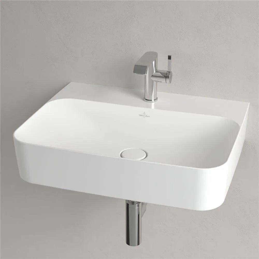 VILLEROY &amp; BOCH Finion závesné umývadlo s otvorom, bez prepadu, 600 x 470 mm, Stone White, s povrchom CeramicPlus, 416861RW