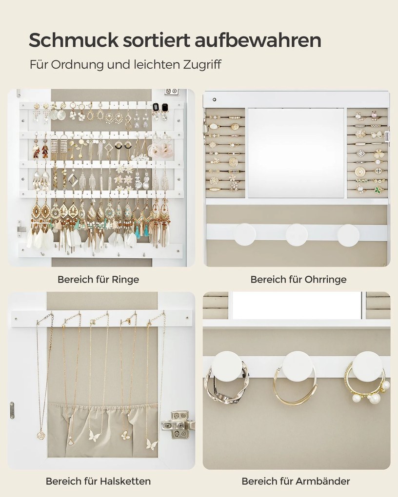 LED zrkadlo s úložným priestorom na šperky 10×42×108 cm, biele