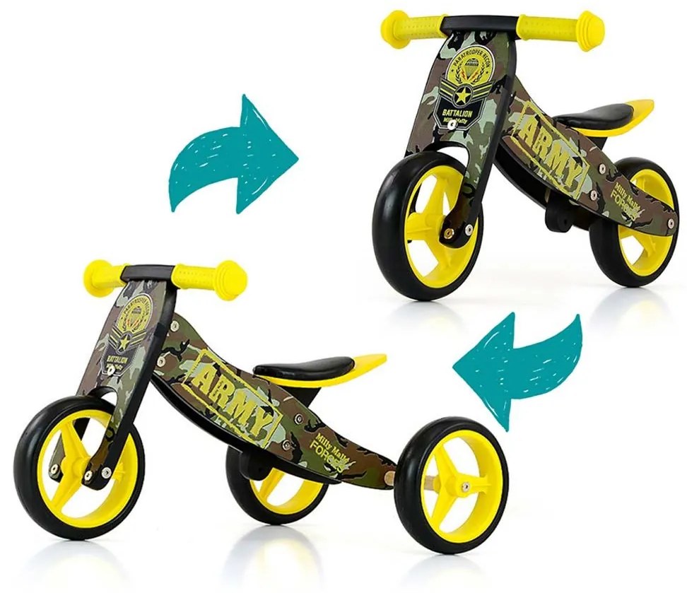 Detské multifunkčné odrážadlo bicykel 2v1 Milly Mally JAKE Army