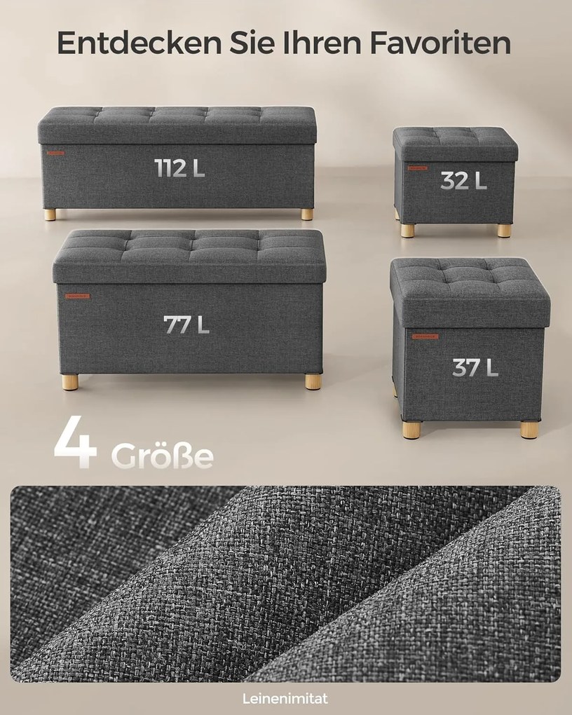 Taburetka s úložným priestorom, Skladacia lavica s nohami, 38 x 110 x 40 cm, sivá