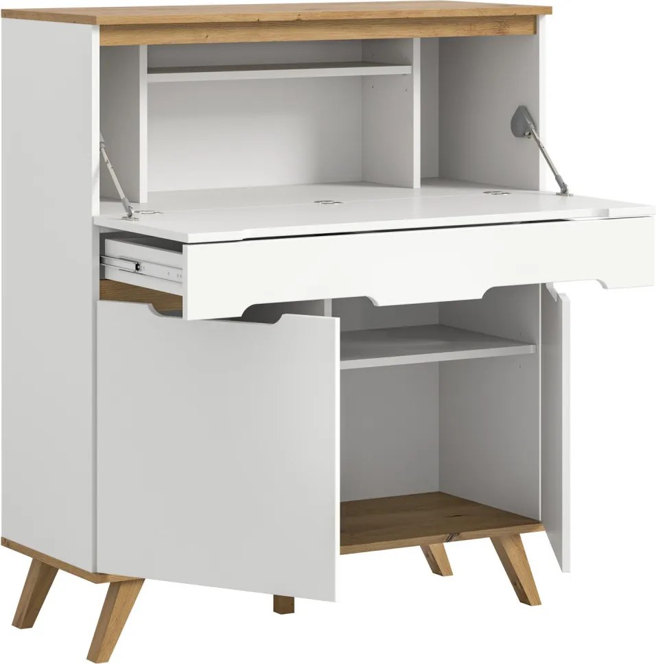 Sekretár s výklopným stolíkom Scandi, biela/dub nox