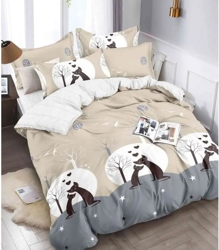 DomTextilu Obojstranné bežové posteľné obliečky s mačkami 3 časti: 1ks 160 cmx200 + 2ks 70 cmx80 140x200 cm 28753-155183