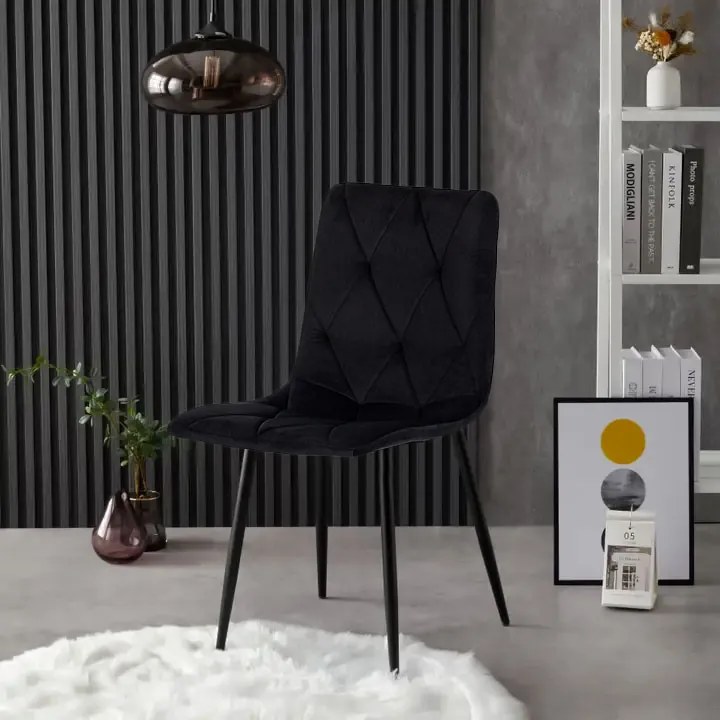 ModernHome Sada 4 ks prešívaných zamatových stoličiek do jedálne a obývačky - čierna