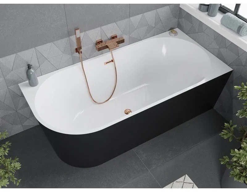 Mexen Mia, voľne stojaca rohová vaňa pravá 160 x 80 cm, biela/čierna, prepad ružové zlato, 52691608075P-60