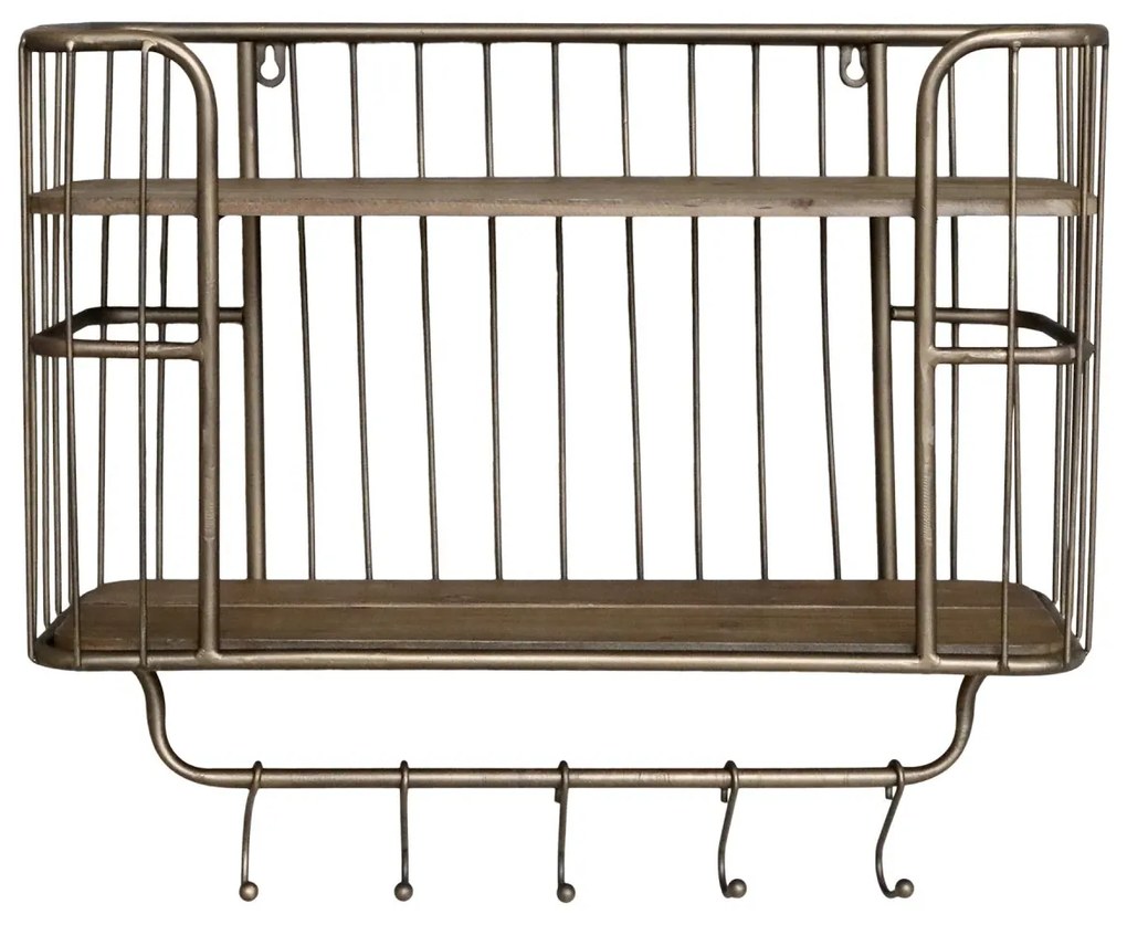 Mosadzná antik kovová nástenná polička s háčikmi Old Shelf - 52*20*45 cm
