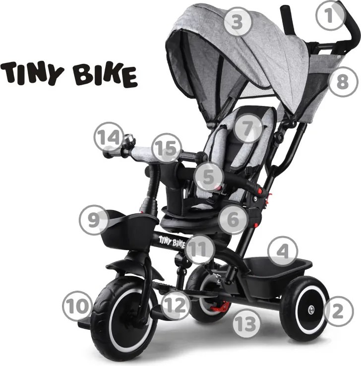 Detská trojkolka Tiny Bike 3 v 1 so strieškou, otočná SP0650 sivá