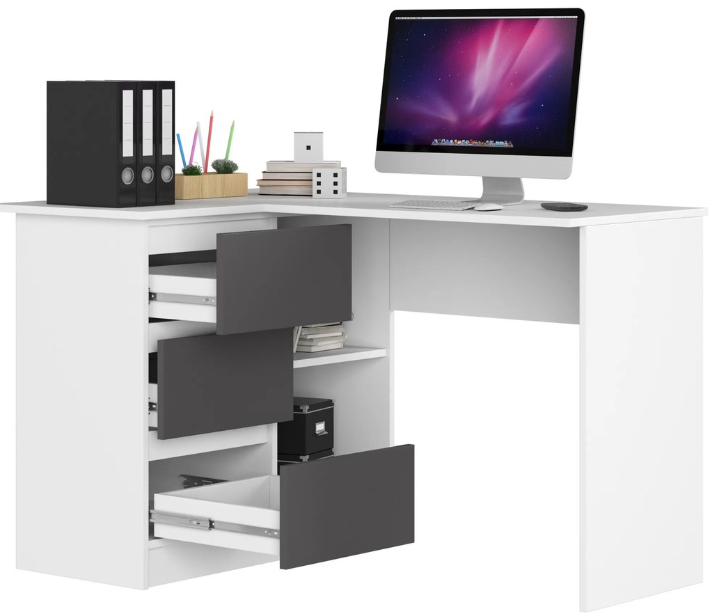 Rohový písací stôl B16 124 cm bílý/šedý levý