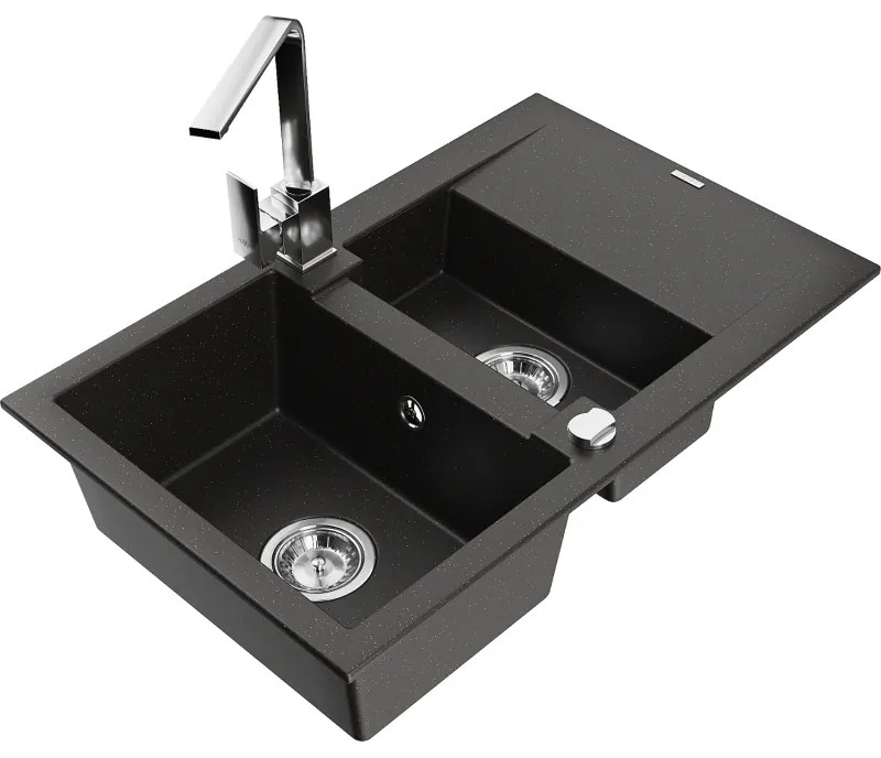 Mexen Gaspar, granitový drez 737x475x177 mm, 1,5-komorový a chrómová batéria Rita, čierna-zlatá metalíza, 6507-75-670300-00