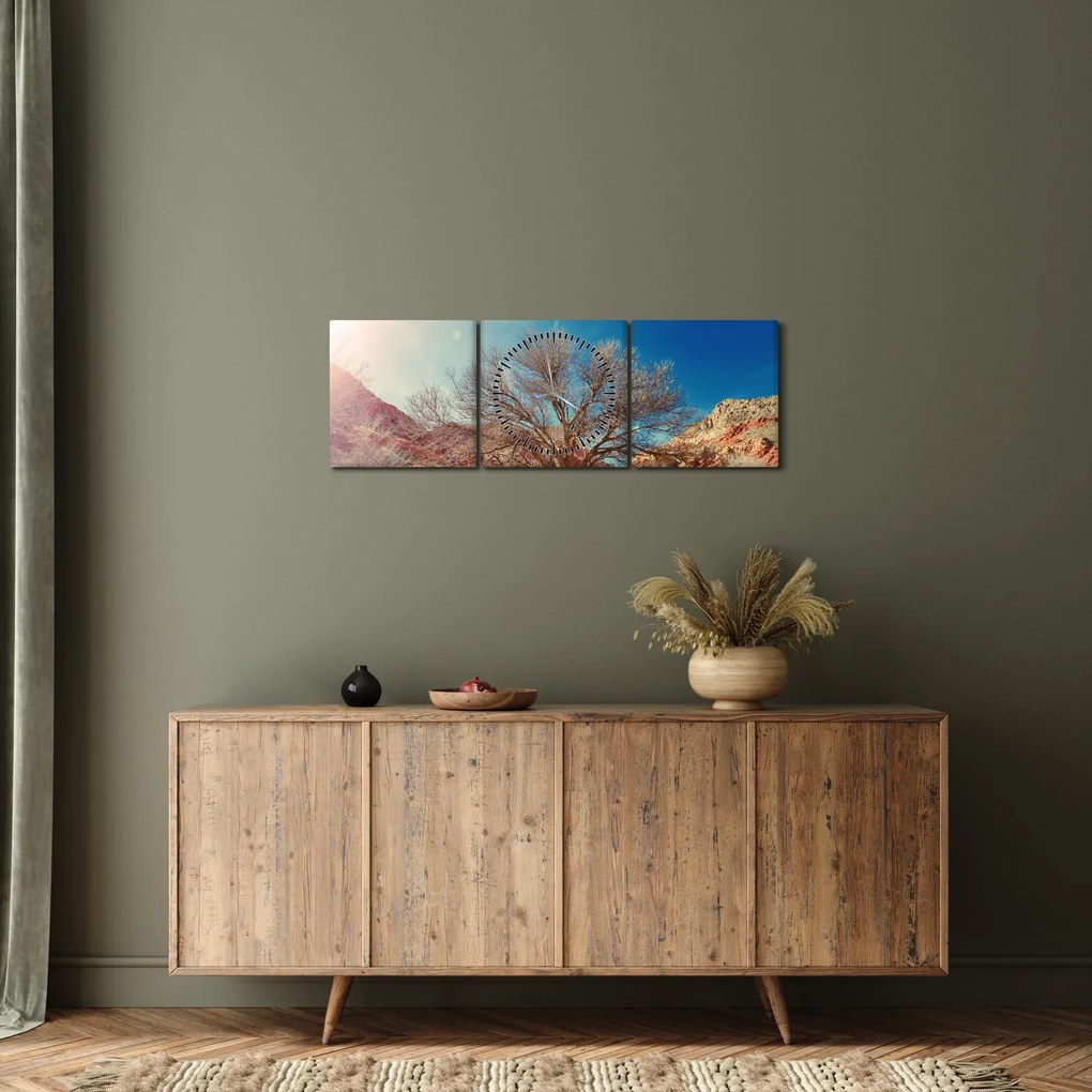 Obraz stromu v púšti (s hodinami) (90x30 cm)