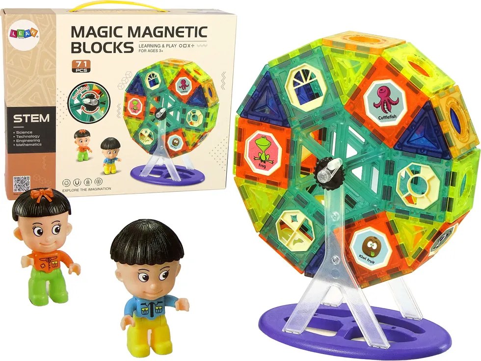 LEAN Toys Magnetické stavebnice 3D stavby – Ruské kolo a kolotoč, 71 dielov