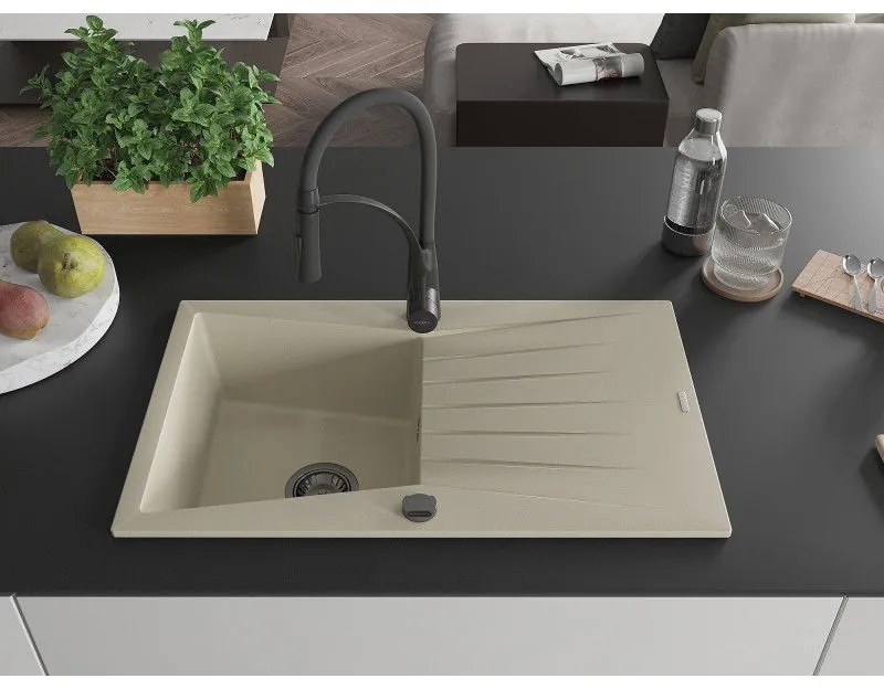 Mexen Cesar, 1-komorový granitový drez 775x470x190 mm a drezová batéria Aster, béžová, 6514-69-73450-70-B