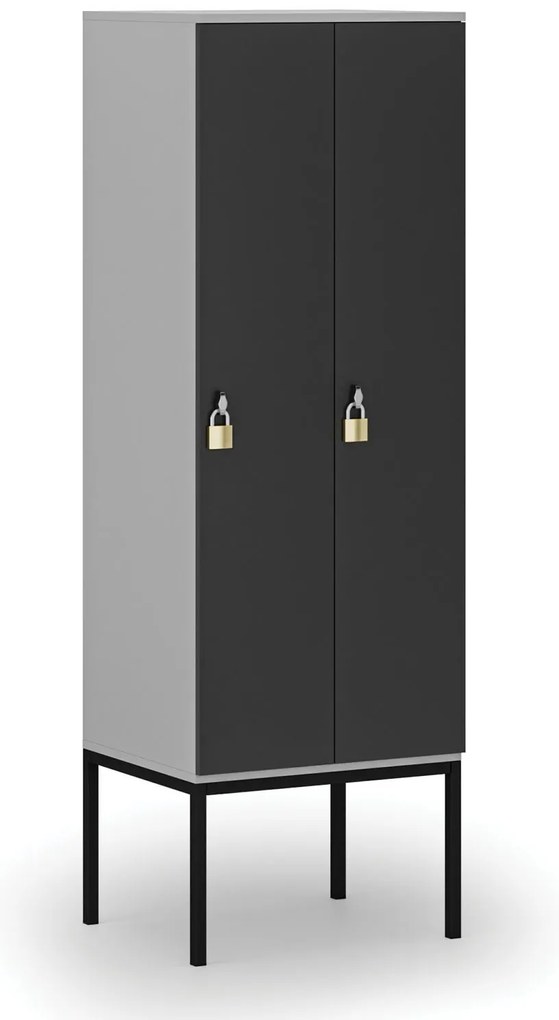 Drevená šatníková skrinka S4 s podnožou, 2 oddiely, 1871 x 600 x 500 mm, demont, otočný zámok, sivá/grafit