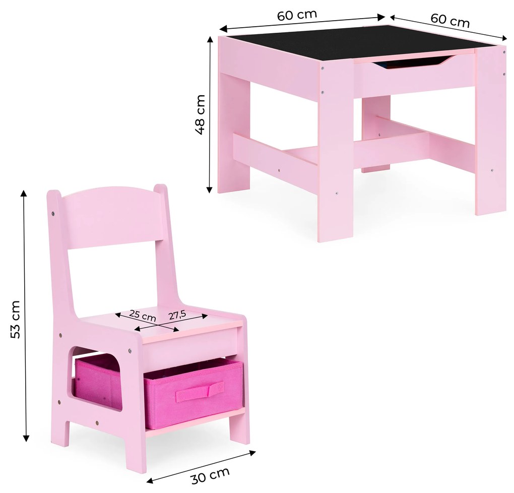 Zostava detského nábytku, stôl + 2 stoličky, kriedová tabuľa, ružová, ECOTOYS