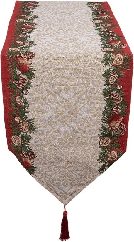 Béžovo-červený látkový behúň s vločkami a strapcami - 33*180 cm