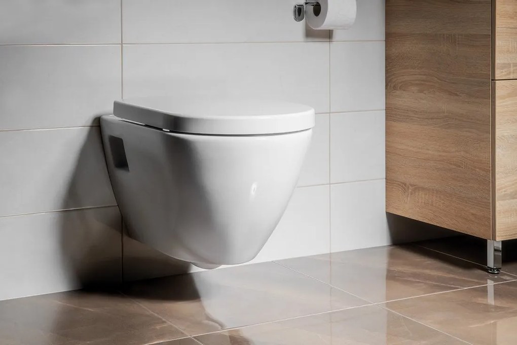 , Závesné WC NERA s podomietkovou nádržkou a tlačidlom Schwab, biela, NS952-SET5