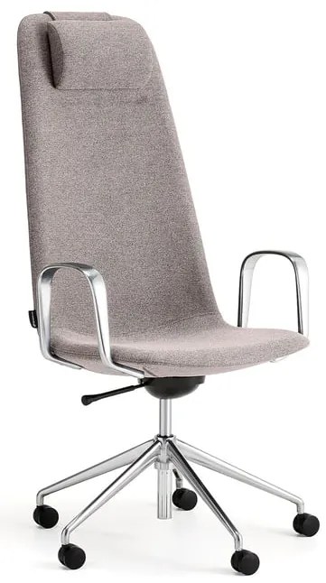 Stolička LANGLEY, vysoký sedák, s kolieskami a podrúčkami, brúsený hliník/šedohnedá