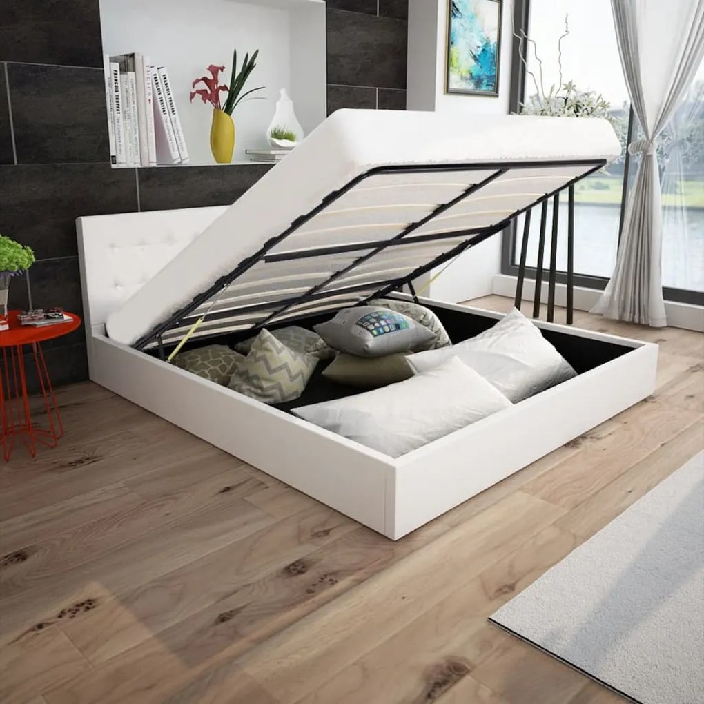 vidaXL Rám postele s plynovým výklopným piestom, umelá koža, 160x200 cm, biela