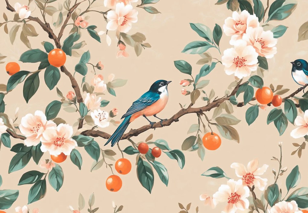 Fototapeta - Vtáčiky na pomarančovníku (147x102 cm)