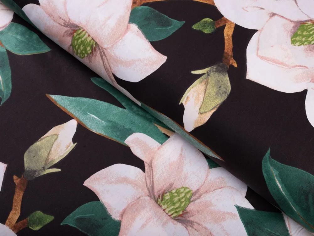 Biante Bavlnené posteľné obliečky Sandra SA-300 Kvety magnólie na čiernom Jednolôžko 140x200 a 70x90 cm
