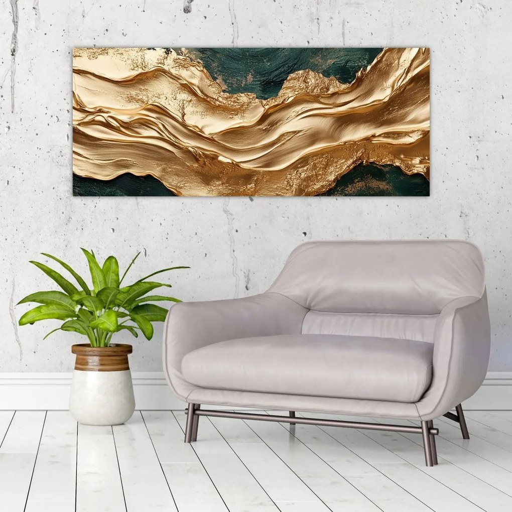 Obraz - Zelená abstrakcia so zlatom II. (120x50 cm)