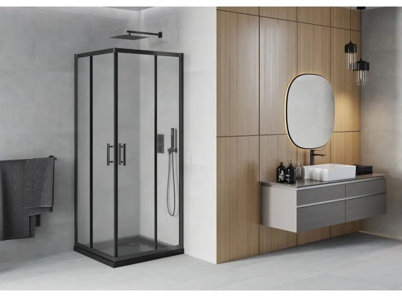 Mexen Rio, štvorcový sprchovací kút s posuvnými dverami 90(dvere) x 90(dvere) x 190 cm, 6mm sklo námraza, čierny profil + čierna sprchová vanička SLIM, 860-090-090-70-30-4070B