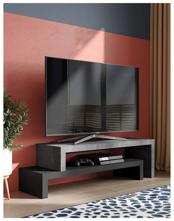 Dvojitý televízny stolík čierny s betónovým dekorom TemaHome Cliff, 125 × 40 cm