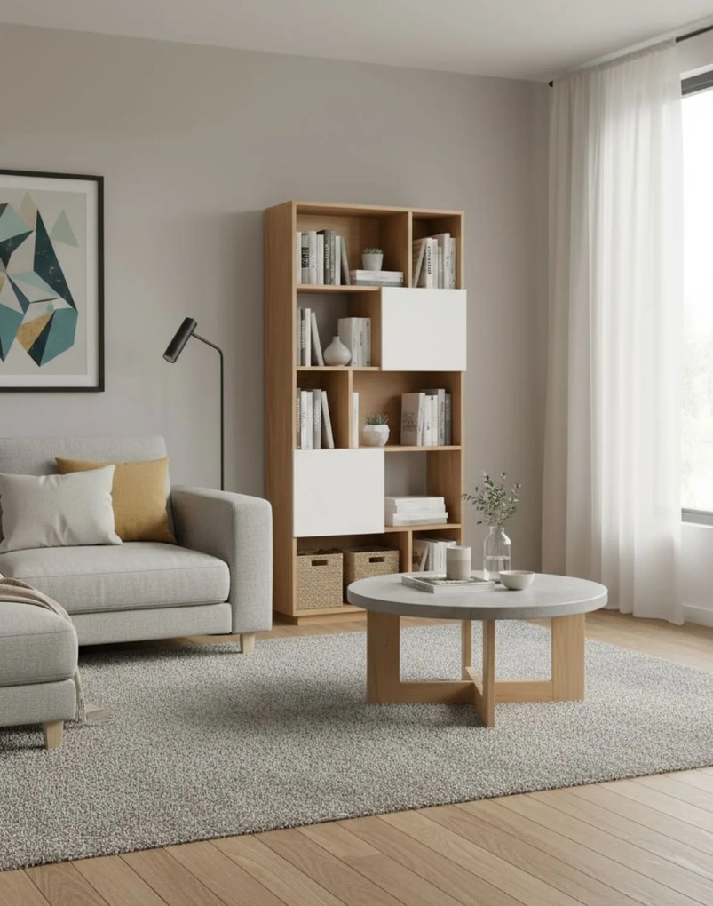 Knižnica Nevada, prírodný dub s bielymi dvierkami, 80 cm (BS01)