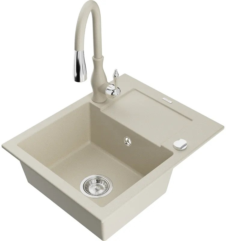 Mexen Enzo, 1-komorový granitový drez 576x465x174 mm a drezová batéria Savita, béžová, 6506-69-672601-69