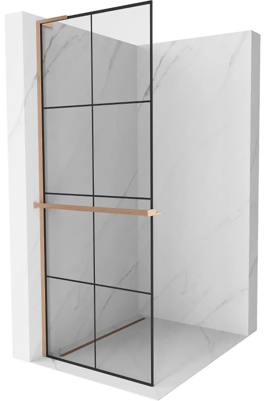 Mexen Kioto+ L, sprchová zástena Walk-In s poličkou a vešiakom 70 x 200 cm, 8mm číre sklo čierny vzor, medený matný profil, 800-070-123-65-77