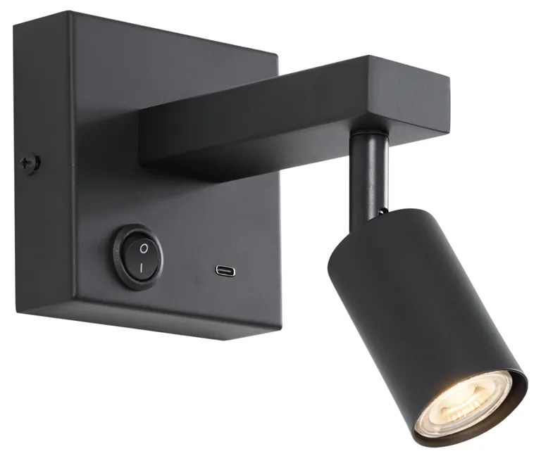 Moderné čierne nástenné svietidlo s USB-C, naklápacie - Rex