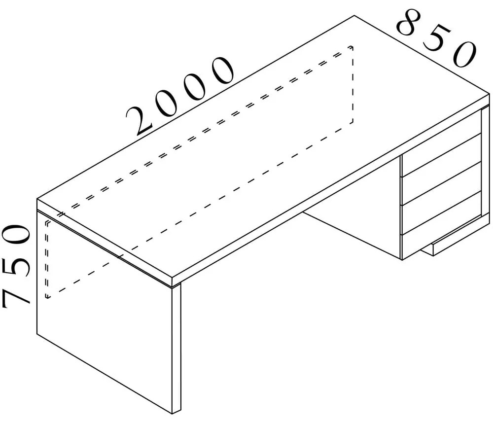 Stôl Lineart 200 x 85 cm + pravý kontajner, brest tmavý / biela