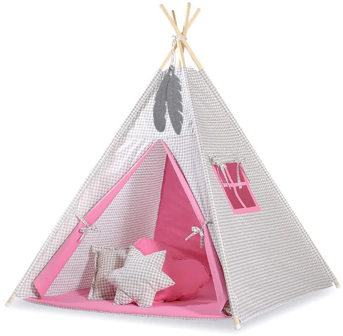 Bobono Stan Teepee pre deti + ozdobné perie - Šedá kockovaná - ružová