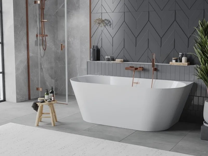 Mexen Oval Slim, voľne stojaca vaňa ku stene 170 x 80 cm, biela lesklá, medená matná prepad, 52661708000-65