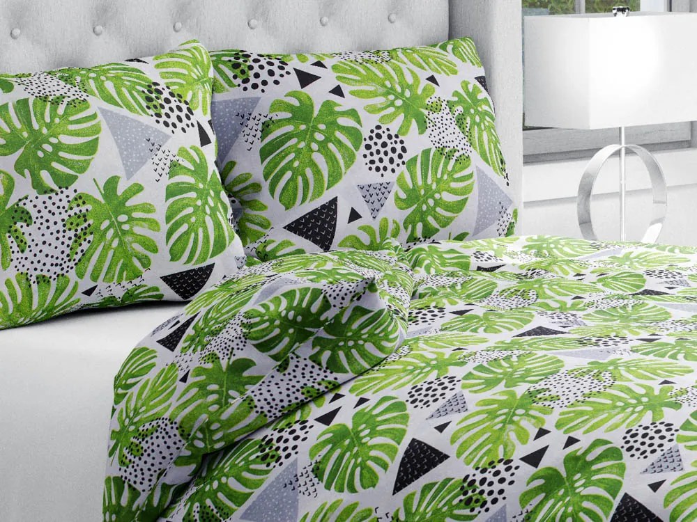 Biante Bavlnené posteľné obliečky Sandra SA-175 Zelené listy Monstera Predĺžené 140x220 a 70x90 cm